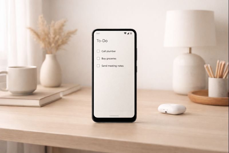 a simple to-do list app with three tasks, lots of white space, soft typography