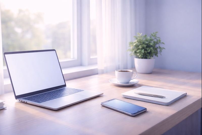 a soft, minimalist hero image of a quiet desk by a window, morning light
