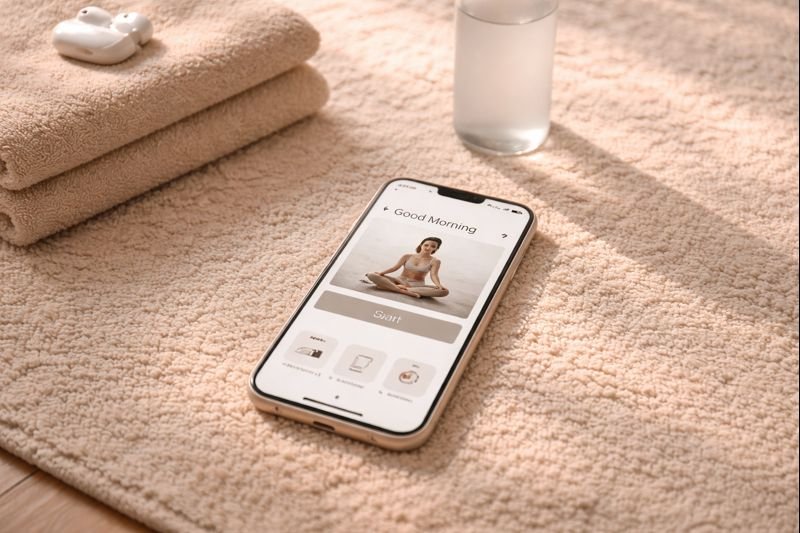 a soft morning scene with sunlight on a phone showing a workout app interface, minimal UI