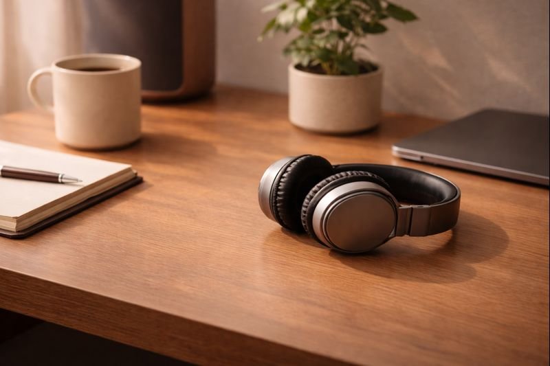 generate an image of a tidy desk with headphones neatly placed