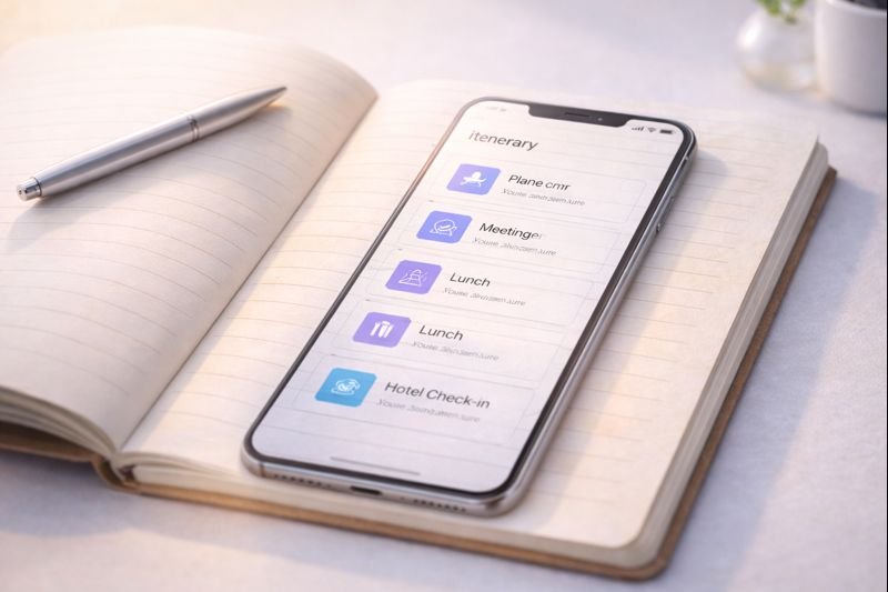 a travel journal blended with a phone screen, soft textures, warm light