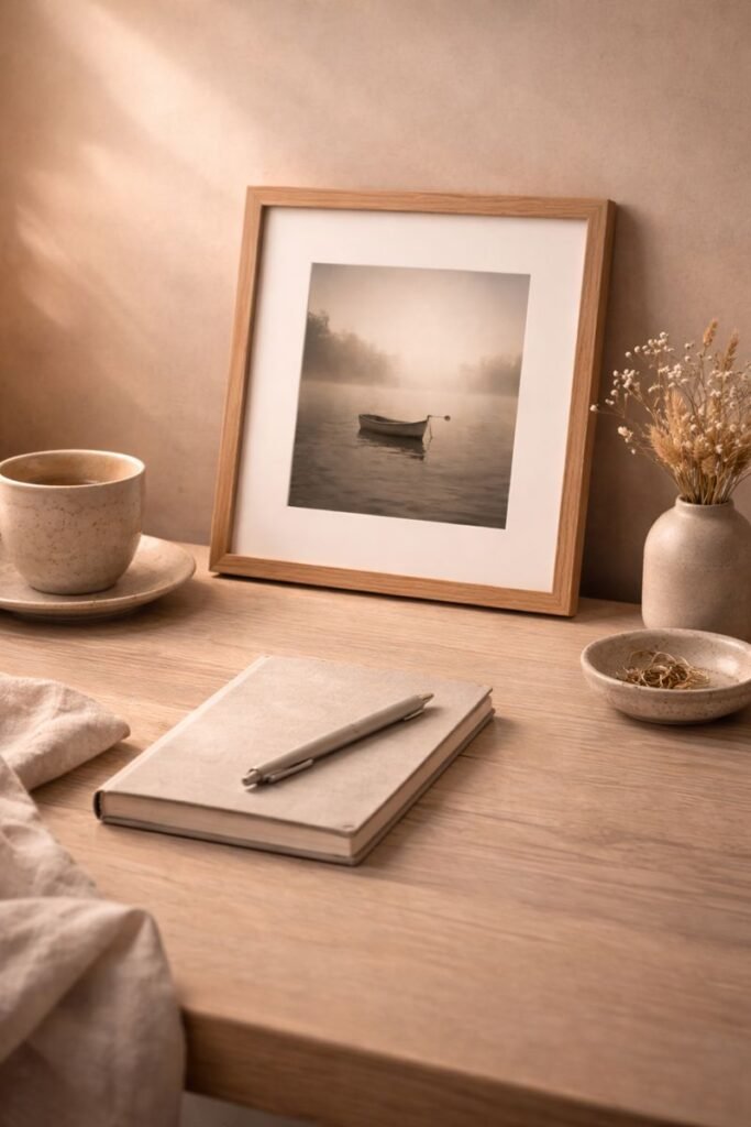 an empty desk with a framed photo, warm light, sense of calm closure