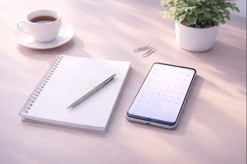 an image of a simple paper notebook beside a phone with a blank calendar screen, soft lighting