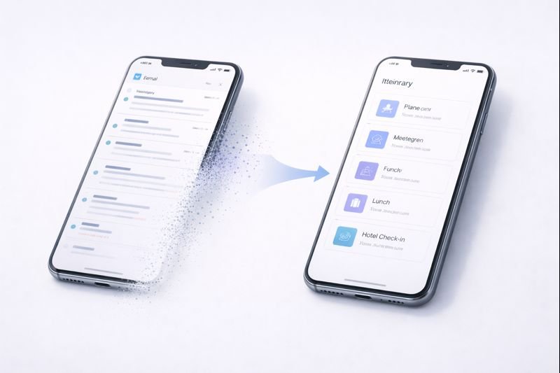 an inbox transforming into a clean itinerary screen, visual metaphor, minimal style