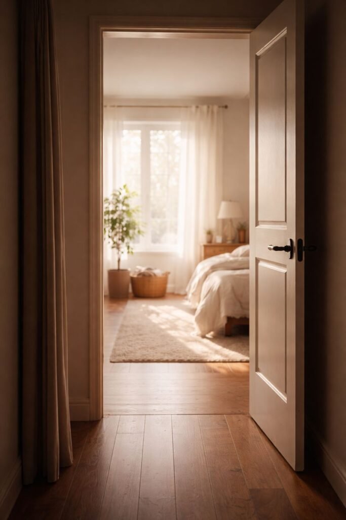 an open doorway leading to a quiet room filled with soft morning light
