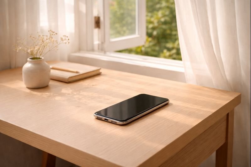 an open window with soft light and a phone resting nearby, untouched