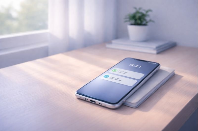 an uncluttered phone screen with minimal notifications, neutral colors, calm lighting