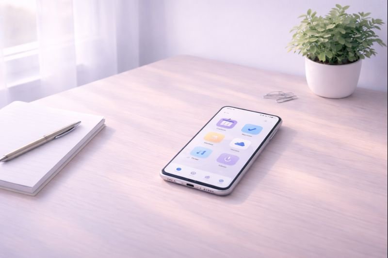 calm closing image of open space, soft light, minimal objects