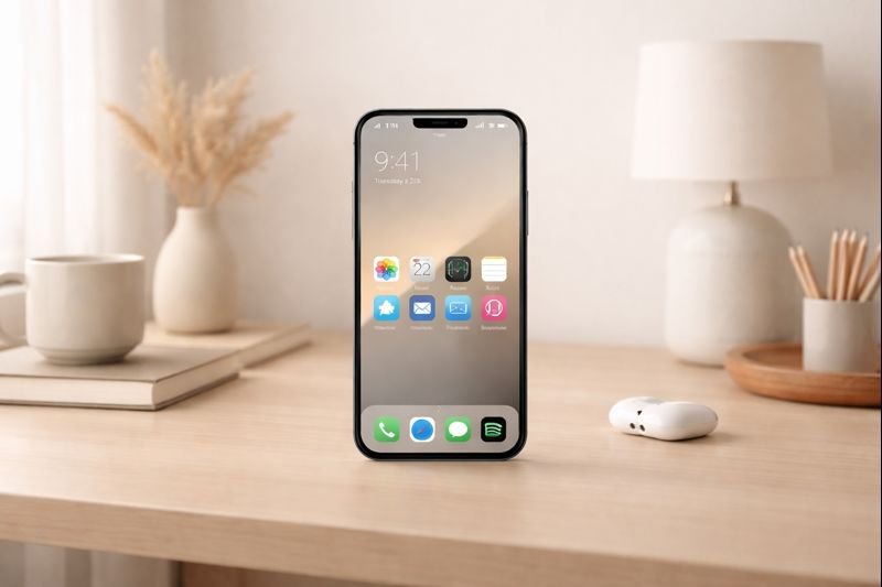 a calm, uncluttered desk with a phone showing a simple home screen, soft daylight, neutral tones