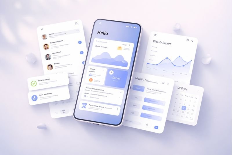 minimal app interface mockups floating on a soft neutral background