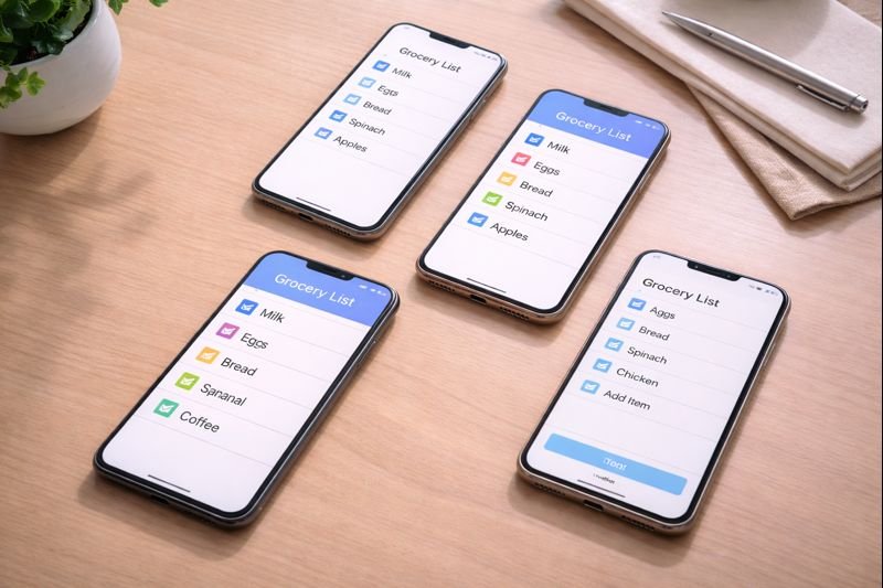 multiple phones arranged neatly on a table, each showing a different grocery list app, soft overhead light