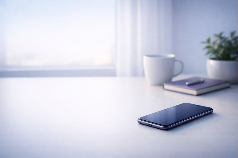 a quiet desk by a window with a phone resting face-up, soft morning light, minimal objects, lots of empty space