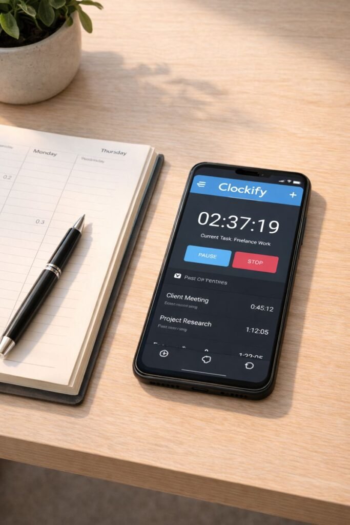the Clockify timer running on an Android phone beside a simple paper planner