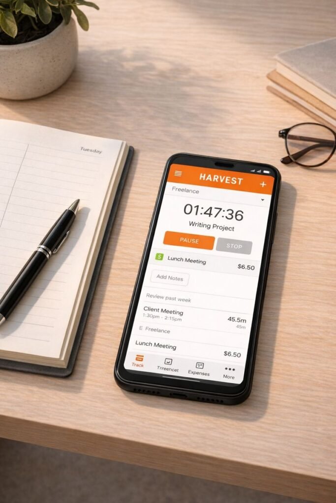 the Harvest app showing time tracking and a small expense entry on a phone