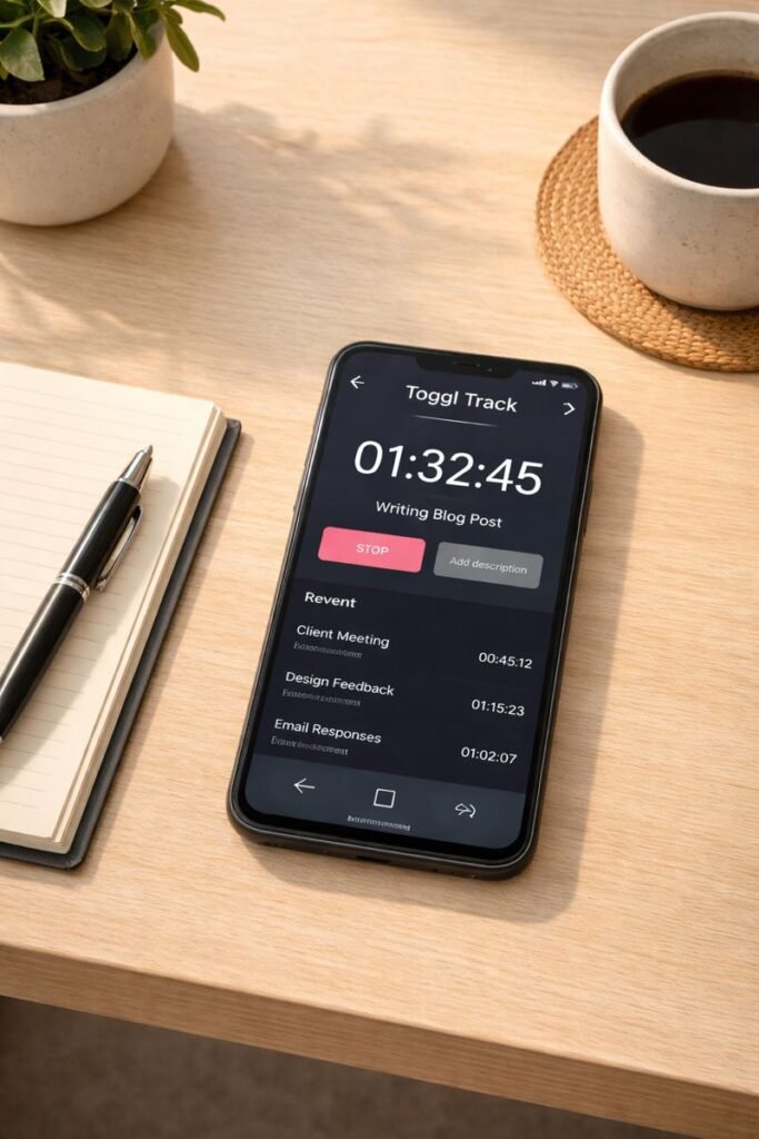 the Toggl Track Android app open on a phone resting on a minimalist desk with a pen and notebook