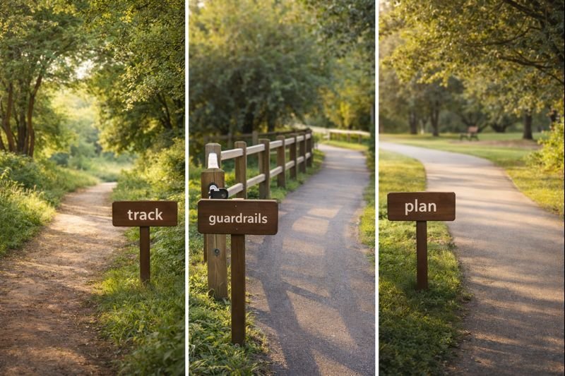 three calm pathways in a park, each with a subtle sign “track,” “guardrails,” and “plan”