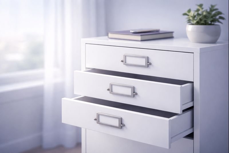 three simple labeled drawers in a calm room, each drawer slightly open, soft shadows, minimal style
