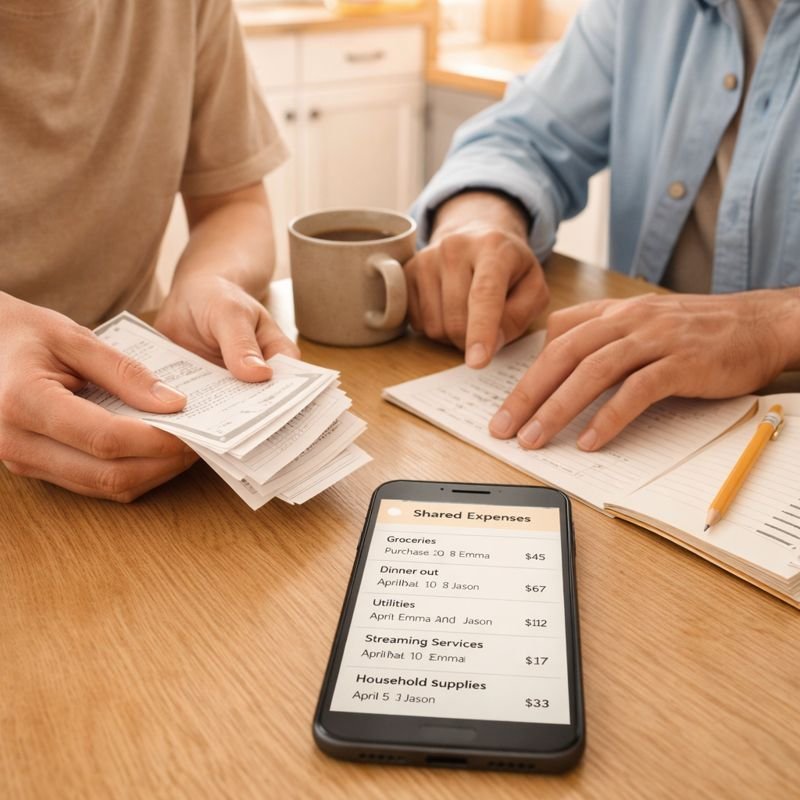 two people at a kitchen table with receipts neatly stacked, a phone showing a shared expense list, warm natural light