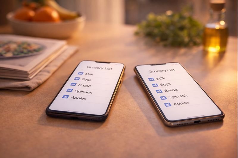 two phones on a kitchen counter showing the same grocery list, warm evening light