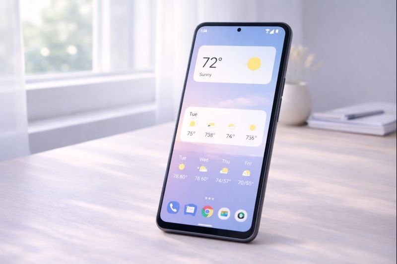 Android home screen with minimalist weather widgets, neutral tones