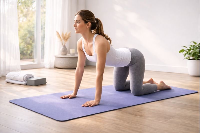 a beginner practicing yoga near a window, gentle light
