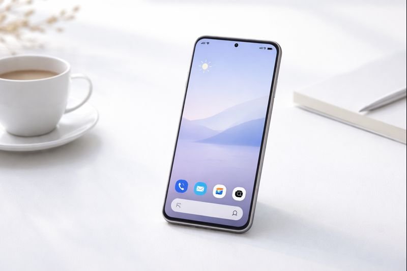 a calm Android home screen with minimal icons, soft neutral wallpaper, and generous empty space