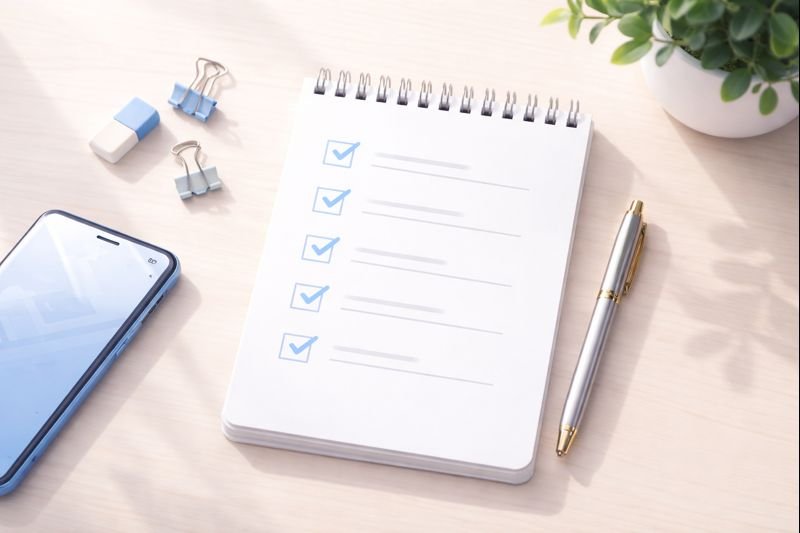a calm checklist on a notepad beside a phone, soft light, minimal scene