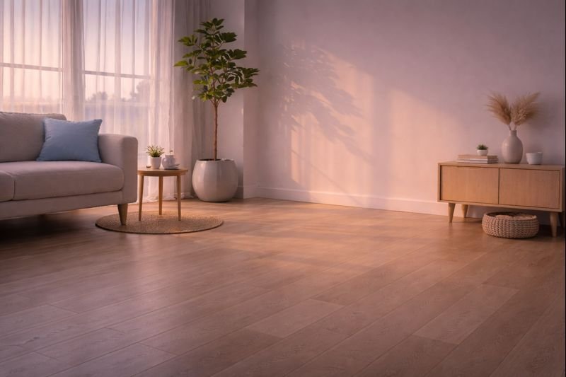 a calm closing image of an empty room at dusk, soft shadows, peaceful