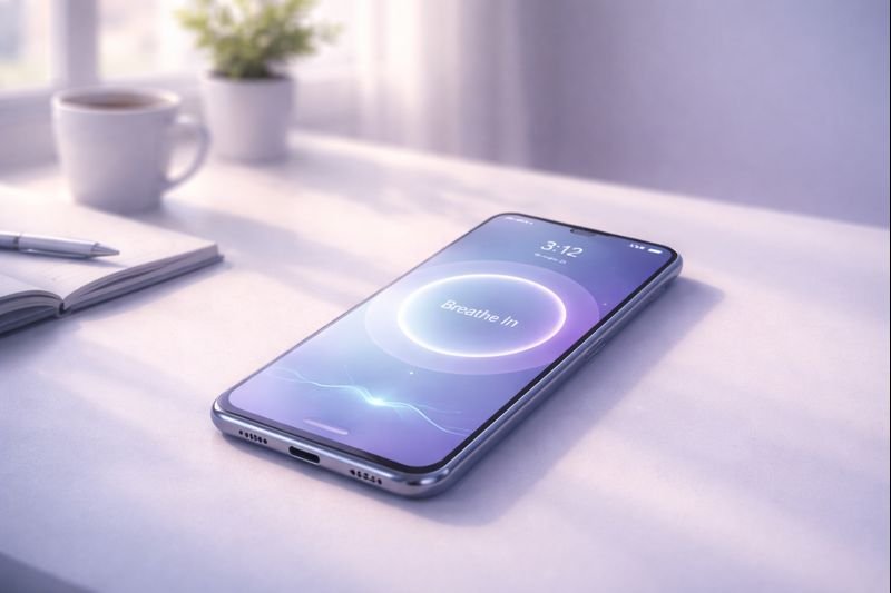 a calm interface showing a guided breathing session with muted gradients