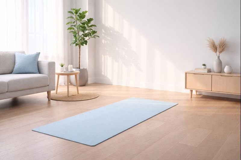 a calm, minimalist hero image of a quiet living room with soft morning light, an exercise mat on the floor, no people, no equipment