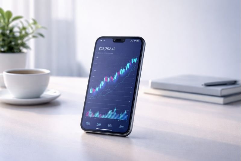 a calm, minimalist hero image showing a smartphone on a quiet desk with soft light, muted colors, and a simple crypto chart on screen