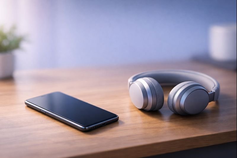 a calm, minimalist hero image showing a smartphone on a wooden desk, headphones resting nearby, soft light, no visible notifications, quiet atmosphere