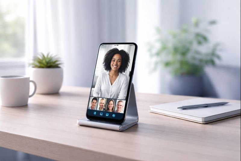 a calm, minimalist workspace with a phone on a desk, soft daylight, and an active video call screen without clutter