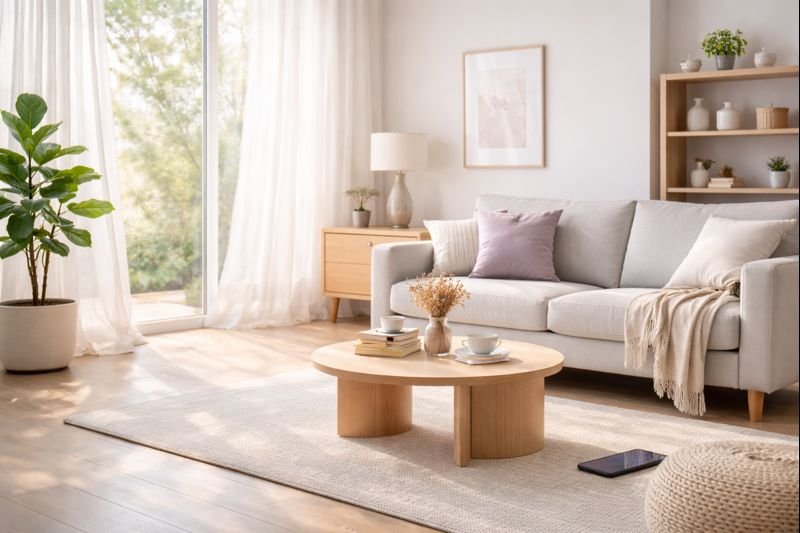 a calm modern living room with subtle movement, morning light