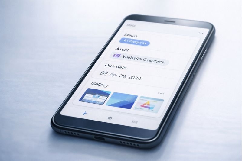 a card-style database on a phone, with fields like Status, Asset, Due date, and a small gallery view