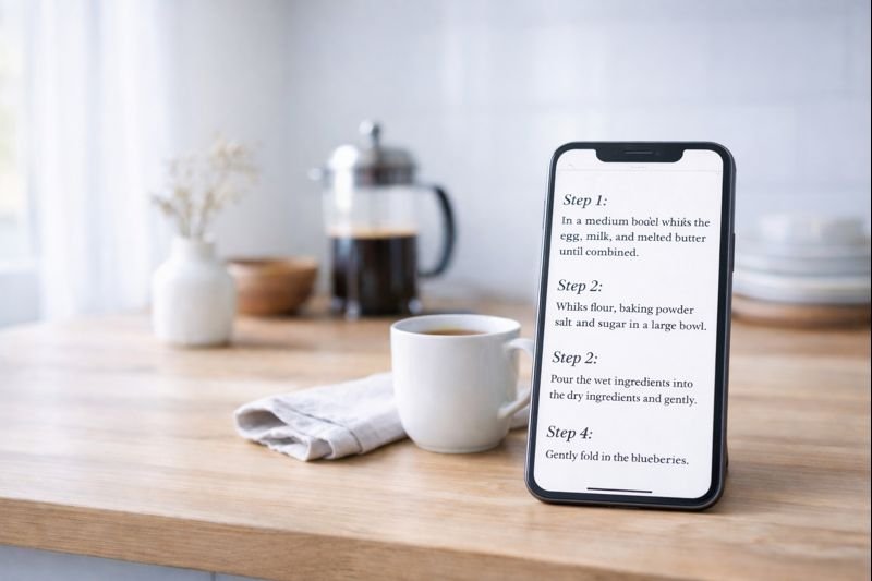 a classic recipe layout with clear steps, serif text, and a cozy kitchen background