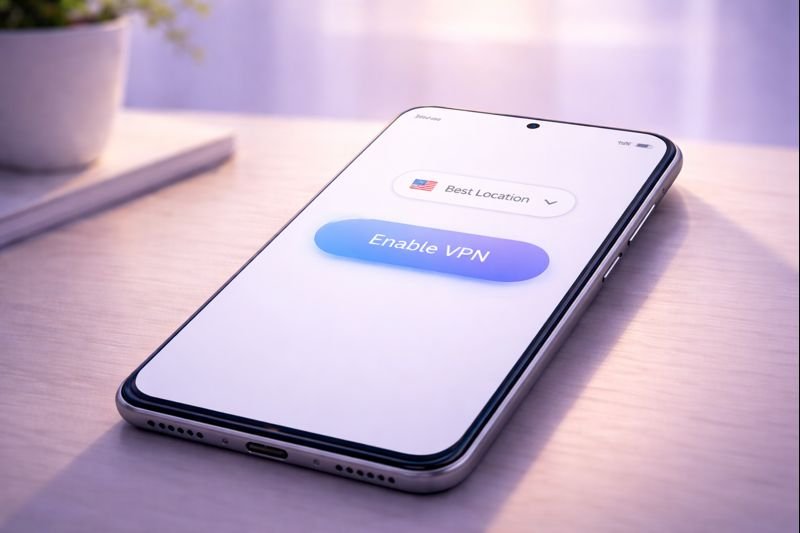 a clean VPN app home screen with one “Enable VPN” action and a subtle server selection option