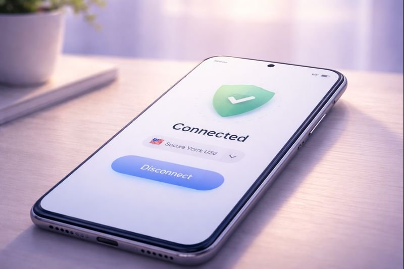 a clean map-free VPN dashboard with a clear connection status, muted colors, simple typography