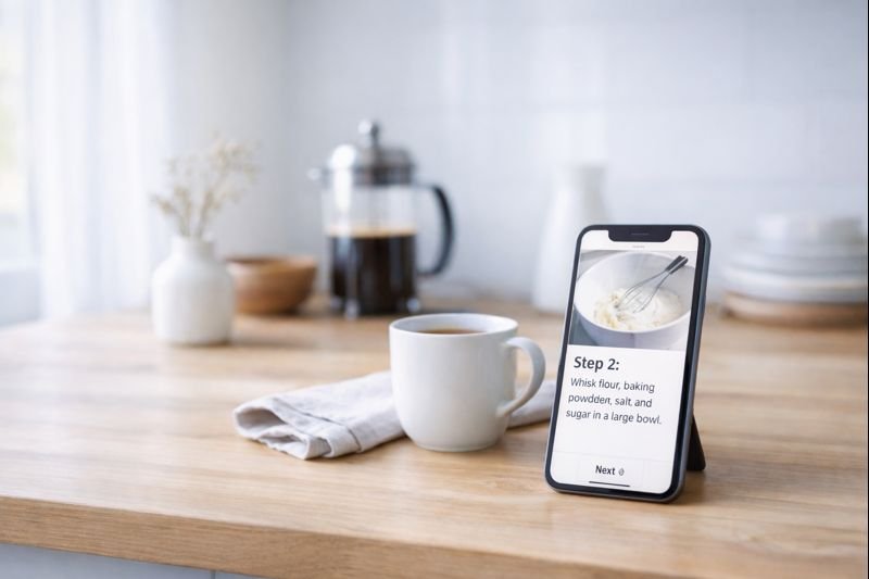 a clean mobile app interface showing one recipe step at a time, large text, plenty of white space, no ads