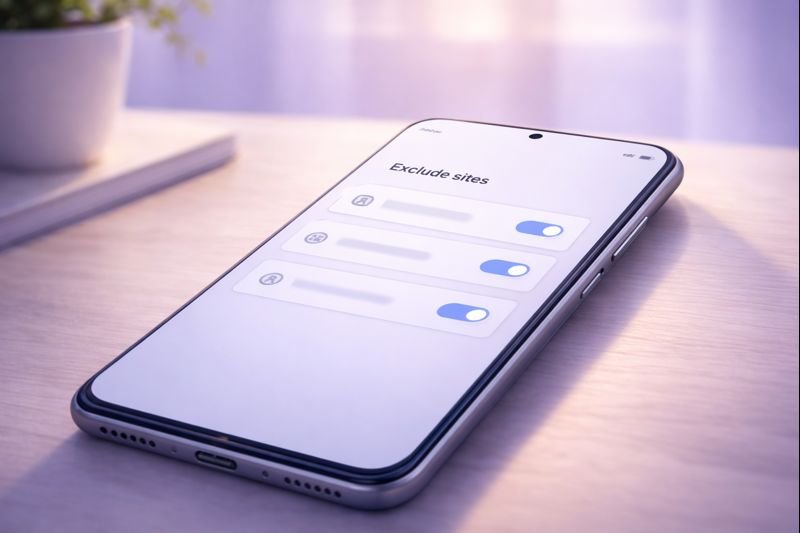 a clean settings screen showing simple “exclude sites” toggles, minimalist style, calm layout