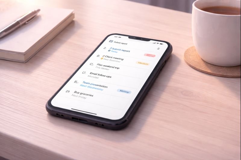 a clean to-do list with natural language dates and subtle priorities, on a smartphone