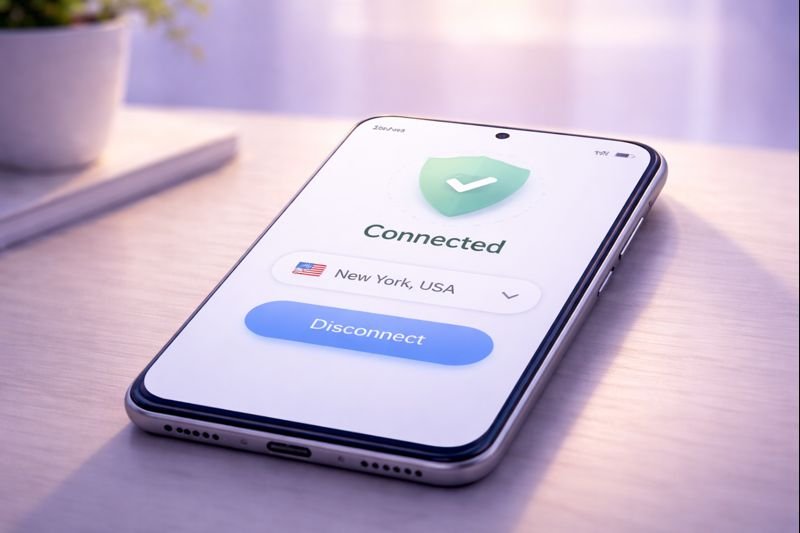 a compact VPN dashboard with a clear status label and a small location selector, minimal icons, calm design