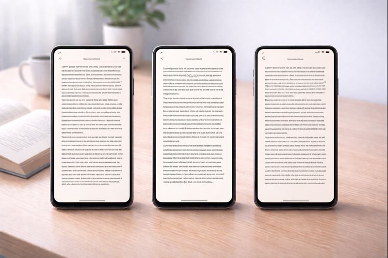 a comparison scene with three phones side by side, each showing a calm reading screen with different fonts