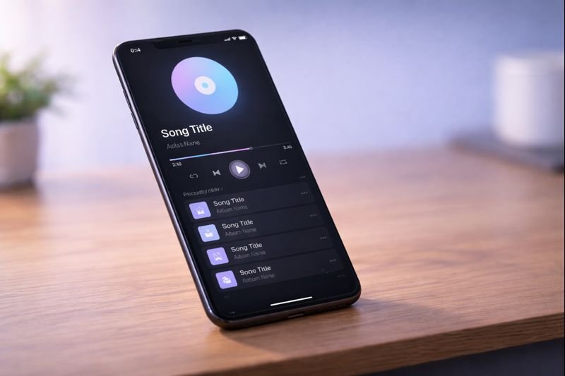 a dark-mode offline music player with soft contrast and uncluttered controls