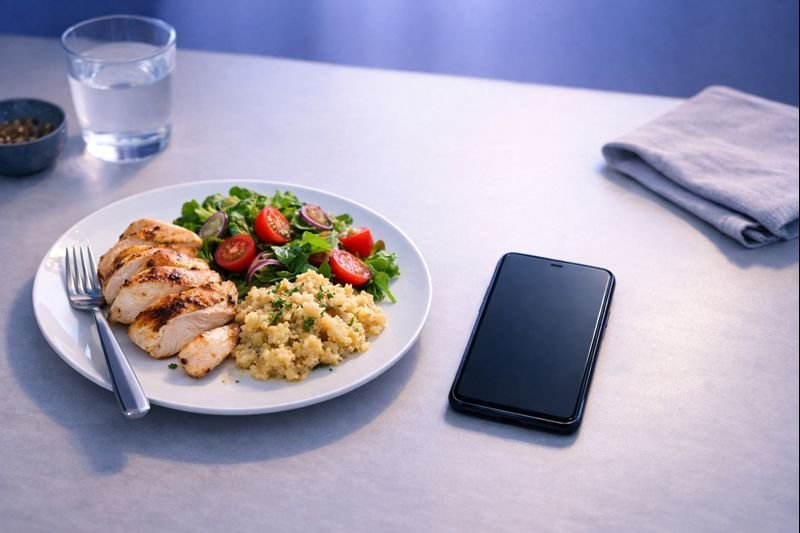 a finished meal on a quiet table with soft lighting and an empty phone screen nearby
