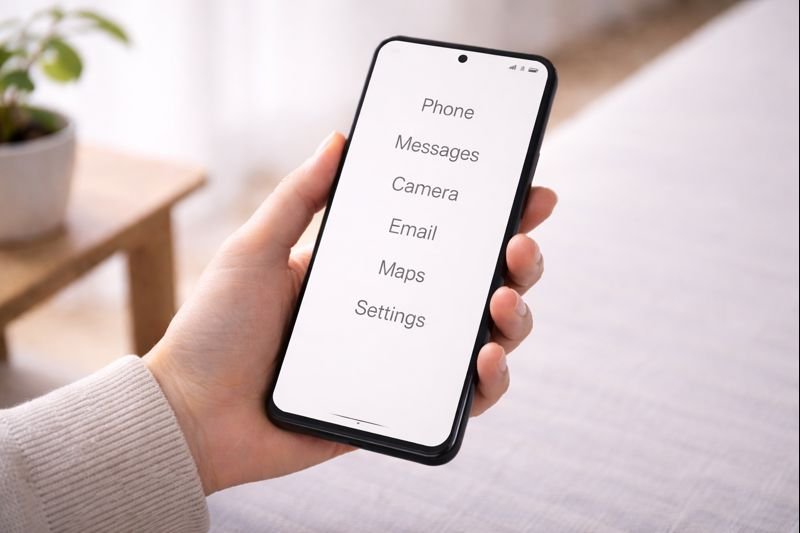a grayscale Android home screen with large text and no icons