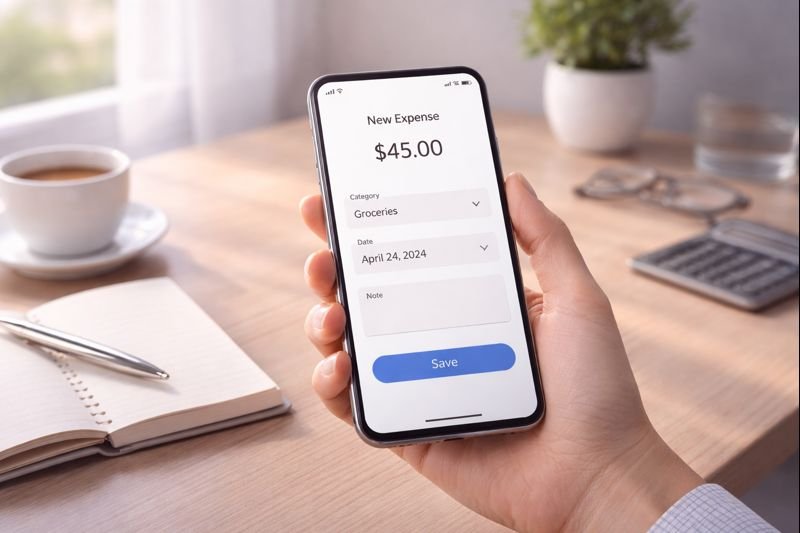 a hand holding a phone with a minimalist expense entry screen, no network bars visible, soft neutral palette