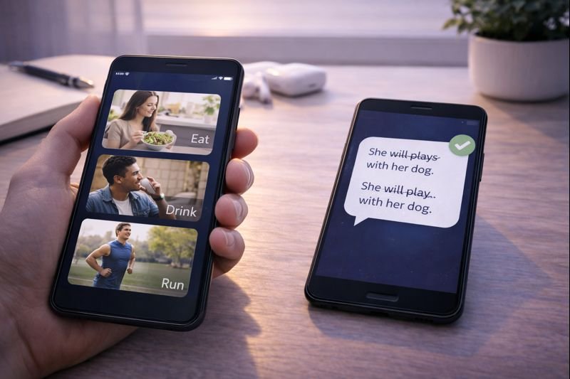 a hand holding a phone with a picture-based lesson, and another phone showing a chat bubble with a correction mark