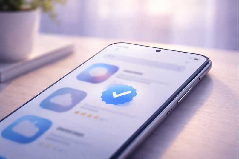 a minimal “verified” badge on a calm app store screen, neutral colors, soft focus, no brand names