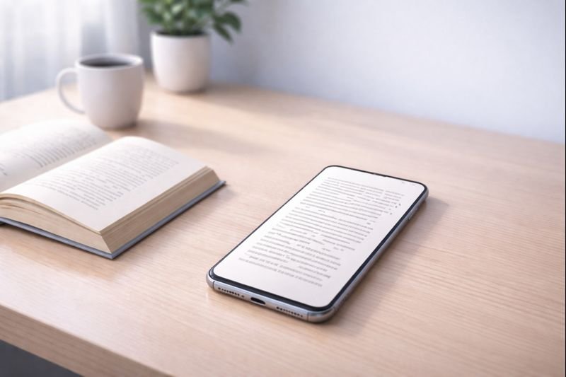 a minimalist app interface showing a single page of text, soft margins, and no visible controls